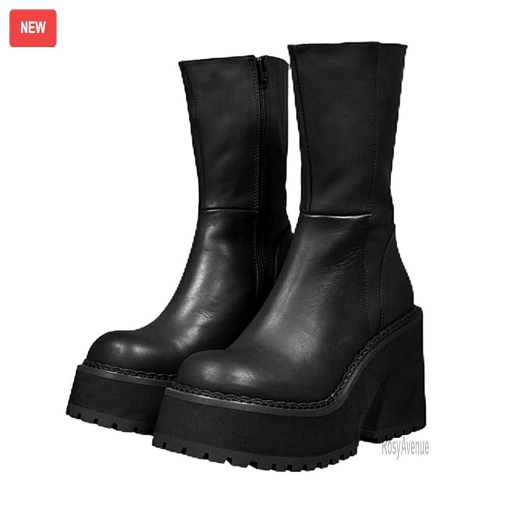 Women's Chunky Heel Ankle Boots Platform Combat Booties Round Toe Punk